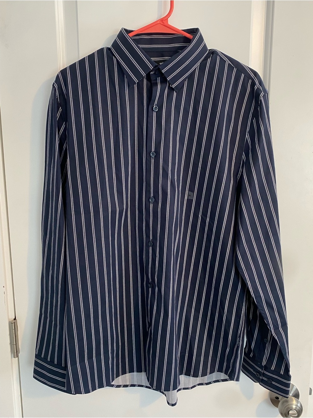 Express Men’s Navy Blue Striped Button-Up Dress Shirt